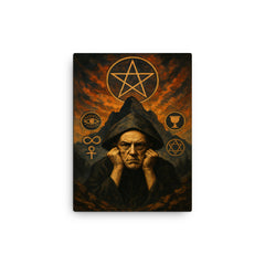 Aleister Crowley mountain occult portrait with ritual symbols canvas print on a plain backdrop in size 12"x16".