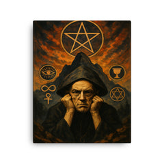 Aleister Crowley mountain occult portrait with ritual symbols canvas print on a plain backdrop in size 16"x20".