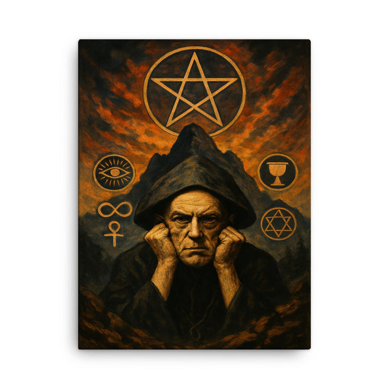 Aleister Crowley mountain occult portrait with ritual symbols canvas print on a plain backdrop in size 18
