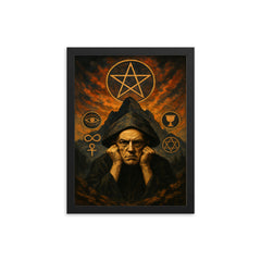 Aleister Crowley mountain occult portrait with ritual symbols framed print on a plain backdrop in size 12"x16".