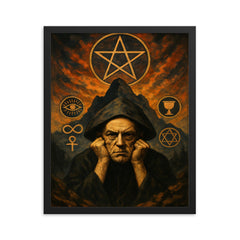 Aleister Crowley mountain occult portrait with ritual symbols framed print on a plain backdrop in size 16"x20".