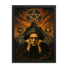 Aleister Crowley mountain occult portrait with ritual symbols framed print on a plain backdrop in size 18"x24".