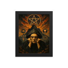 Aleister Crowley mountain occult portrait with ritual symbols framed print on a plain backdrop in size 8"x10".