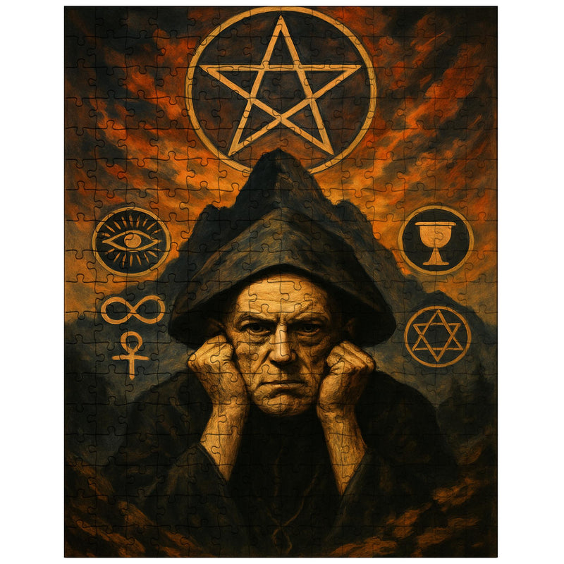 Aleister Crowley mountain occult portrait with ritual symbols jigsaw puzzle