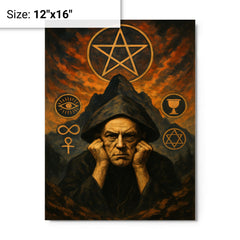 Aleister Crowley mountain occult portrait with ritual symbols metal print on a plain backdrop in size 12"x16".
