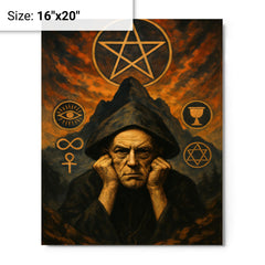 Aleister Crowley mountain occult portrait with ritual symbols metal print on a plain backdrop in size 16"x20".