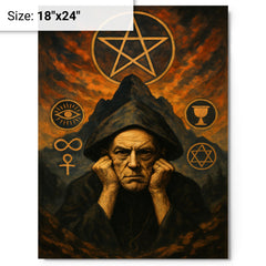 Aleister Crowley mountain occult portrait with ritual symbols metal print on a plain backdrop in size 18"x24".