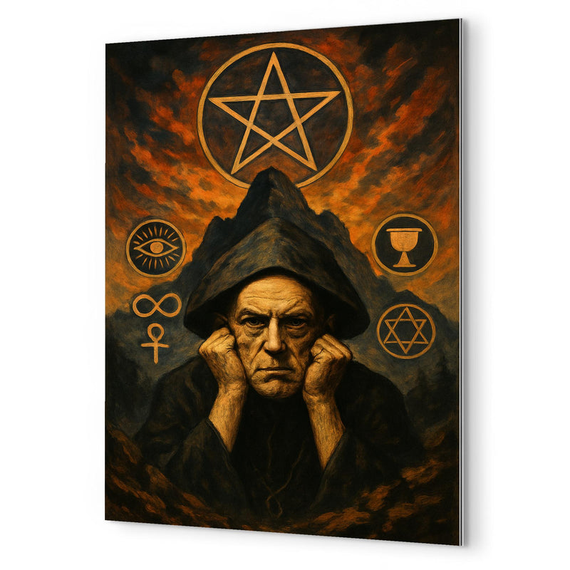 Aleister Crowley mountain occult portrait with ritual symbols metal print mockup