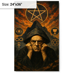 Aleister Crowley mountain occult portrait with ritual symbols metal print on a plain backdrop in size 24"x36".