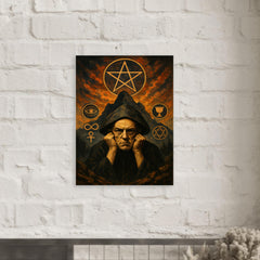 Aleister Crowley mountain occult portrait with ritual symbols metal print mockup