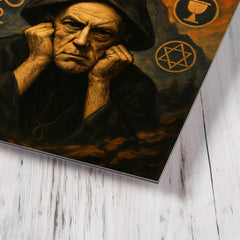 Aleister Crowley mountain occult portrait with ritual symbols metal print mockup