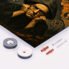 Aleister Crowley mountain occult portrait with ritual symbols metal print mockup