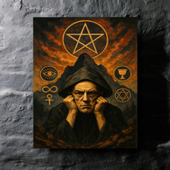 Aleister Crowley mountain occult portrait with ritual symbols metal print mockup