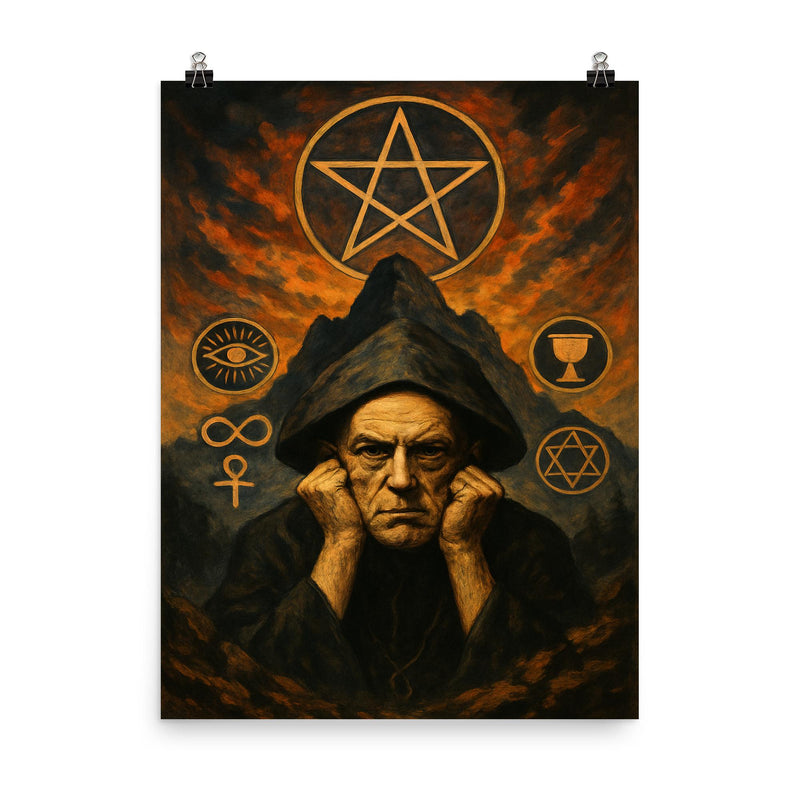Aleister Crowley mountain occult portrait with ritual symbols poster on a plain backdrop in size 8