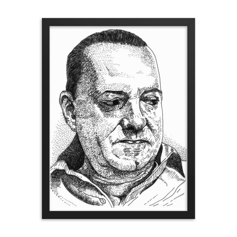 Alejo Carpentier framed print on a plain backdrop in size 18