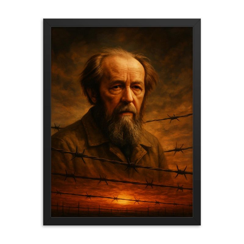 Aleksandr Solzhenitsyn barbed wire horizon framed print on a plain backdrop in size 18