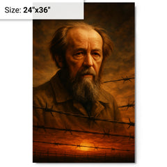 Aleksandr Solzhenitsyn barbed wire horizon metal print on a plain backdrop in size 24"x36".