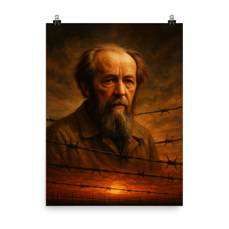 Aleksandr Solzhenitsyn barbed wire horizon poster on a plain backdrop in size 8