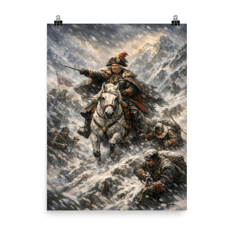 Aleksandr Suvorov crossing the Alps in blizzard poster on a plain backdrop in size 8