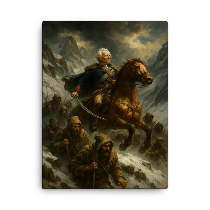 Aleksandr Suvorov crossing the Alps with ragged troops canvas print on a plain backdrop in size 18