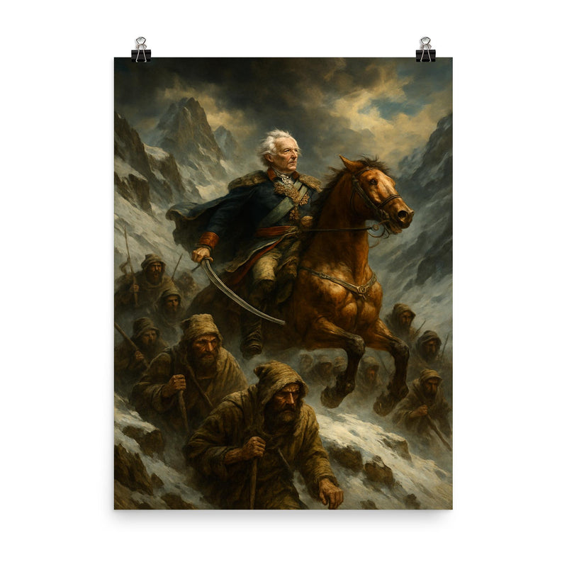 Aleksandr Suvorov crossing the Alps with ragged troops poster on a plain backdrop in size 8