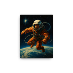Aleksei Leonov first spacewalk above Earth curvature canvas print on a plain backdrop in size 12"x16".