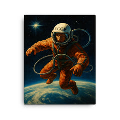 Aleksei Leonov first spacewalk above Earth curvature canvas print on a plain backdrop in size 16"x20".