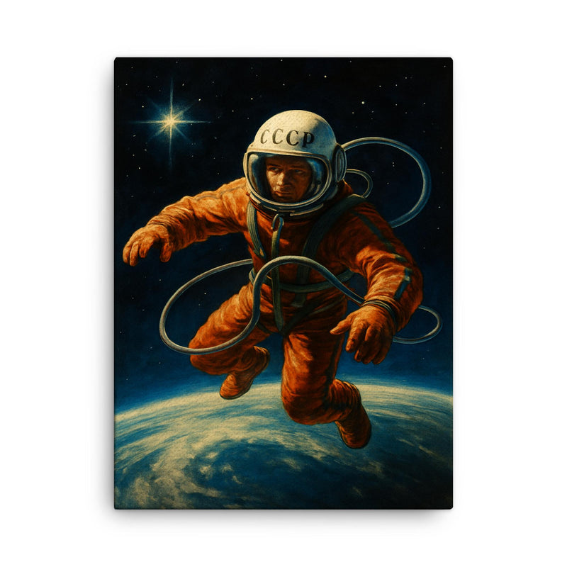 Aleksei Leonov first spacewalk above Earth curvature canvas print on a plain backdrop in size 18