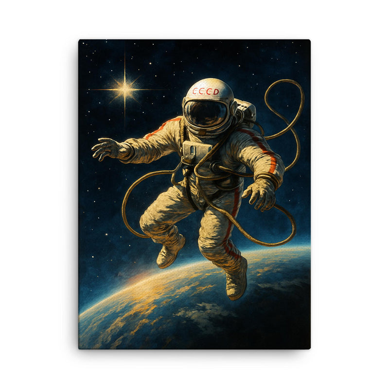 Aleksei Leonov spacewalk over Earth’s curve canvas print on a plain backdrop in size 18