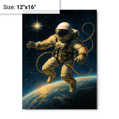 Aleksei Leonov spacewalk over Earth’s curve metal print on a plain backdrop in size 12"x16".