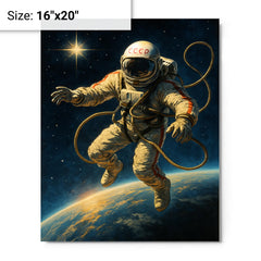 Aleksei Leonov spacewalk over Earth’s curve metal print on a plain backdrop in size 16"x20".