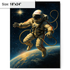 Aleksei Leonov spacewalk over Earth’s curve metal print on a plain backdrop in size 18"x24".
