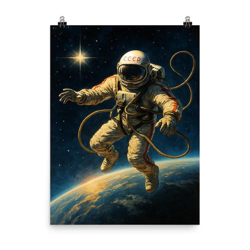 Aleksei Leonov spacewalk over Earth’s curve poster on a plain backdrop in size 8
