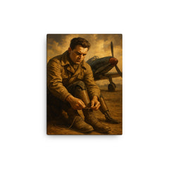 Aleksei Maresyev lacing prosthetic legs beside fighter canvas print on a plain backdrop in size 12"x16".