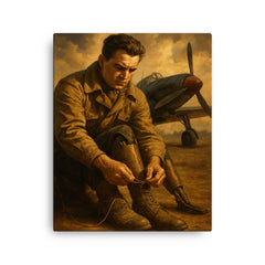 Aleksei Maresyev lacing prosthetic legs beside fighter canvas print on a plain backdrop in size 16"x20".