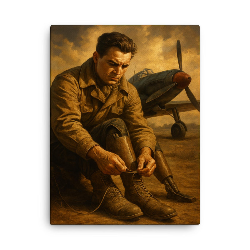 Aleksei Maresyev lacing prosthetic legs beside fighter canvas print on a plain backdrop in size 18