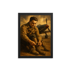 Aleksei Maresyev lacing prosthetic legs beside fighter framed print on a plain backdrop in size 12"x16".