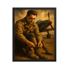 Aleksei Maresyev lacing prosthetic legs beside fighter framed print on a plain backdrop in size 16"x20".