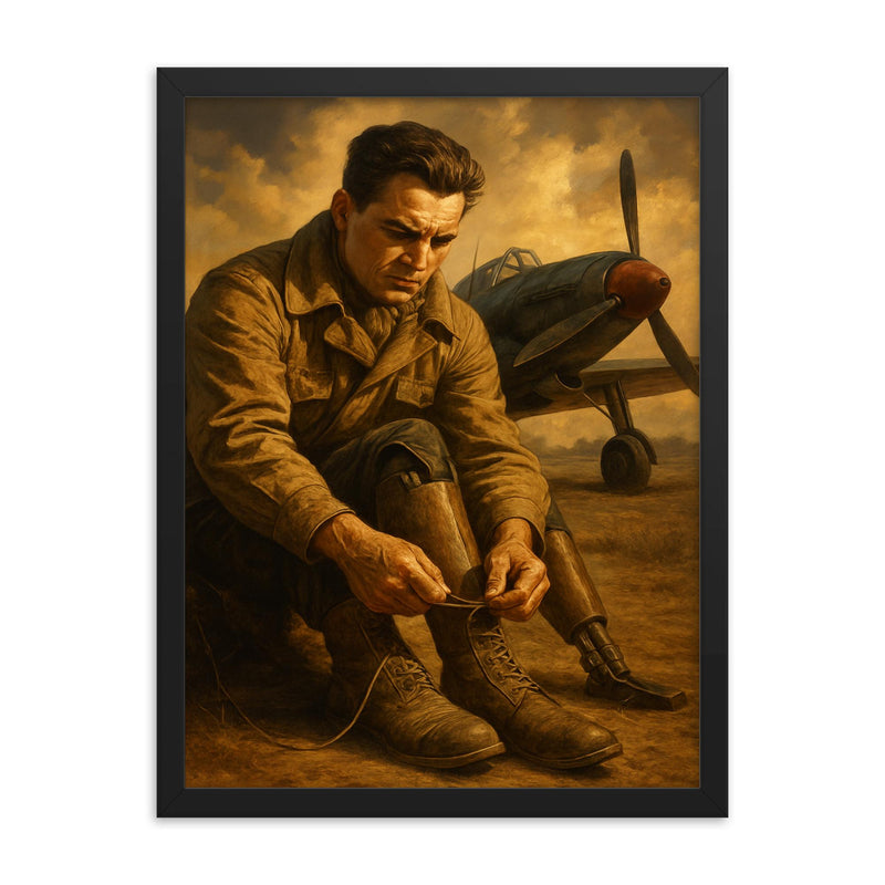 Aleksei Maresyev lacing prosthetic legs beside fighter framed print on a plain backdrop in size 18