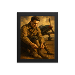 Aleksei Maresyev lacing prosthetic legs beside fighter framed print on a plain backdrop in size 8"x10".