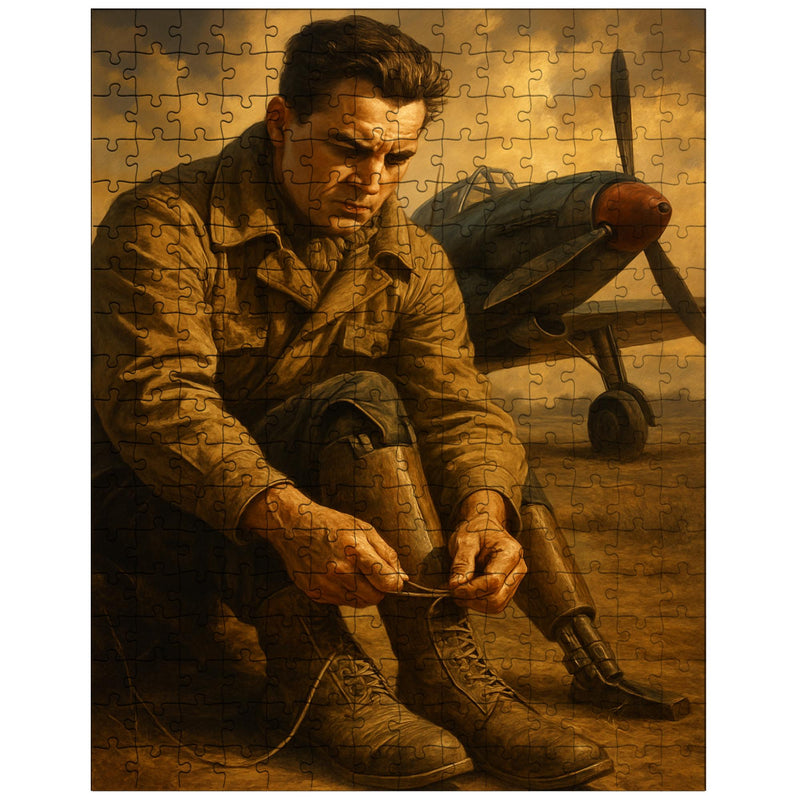 Aleksei Maresyev lacing prosthetic legs beside fighter jigsaw puzzle