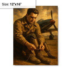 Aleksei Maresyev lacing prosthetic legs beside fighter metal print on a plain backdrop in size 12"x16".