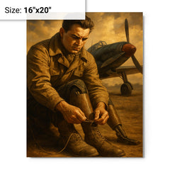 Aleksei Maresyev lacing prosthetic legs beside fighter metal print on a plain backdrop in size 16"x20".