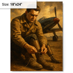 Aleksei Maresyev lacing prosthetic legs beside fighter metal print on a plain backdrop in size 18"x24".