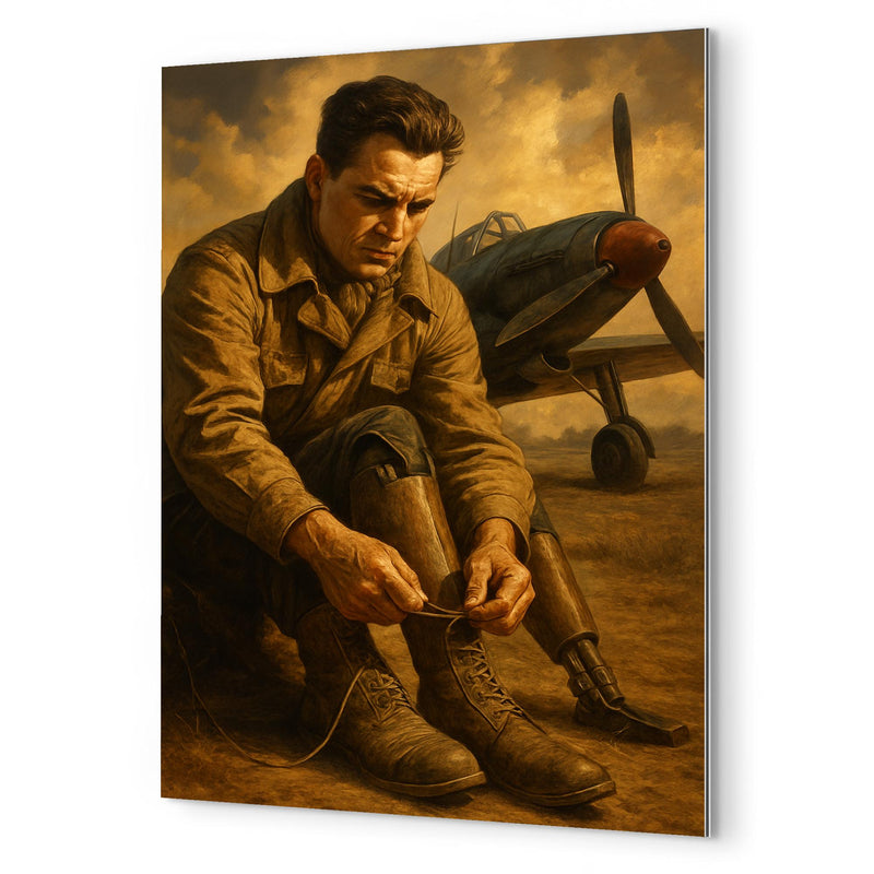 Aleksei Maresyev lacing prosthetic legs beside fighter metal print mockup