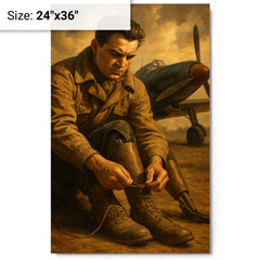 Aleksei Maresyev lacing prosthetic legs beside fighter metal print on a plain backdrop in size 24"x36".