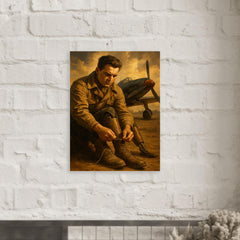 Aleksei Maresyev lacing prosthetic legs beside fighter metal print mockup