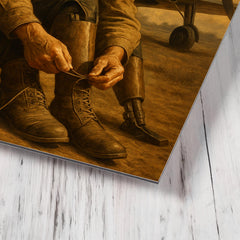 Aleksei Maresyev lacing prosthetic legs beside fighter metal print mockup