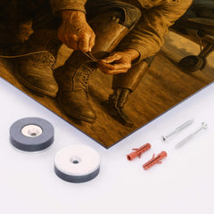 Aleksei Maresyev lacing prosthetic legs beside fighter metal print mockup