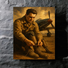 Aleksei Maresyev lacing prosthetic legs beside fighter metal print mockup